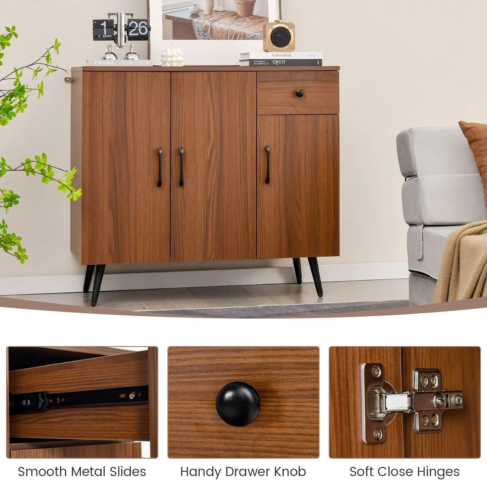 Costway Buffet Cabinet Kitchen Modern Storage Cabinet w/Pull-out Drawer in Walnut 6