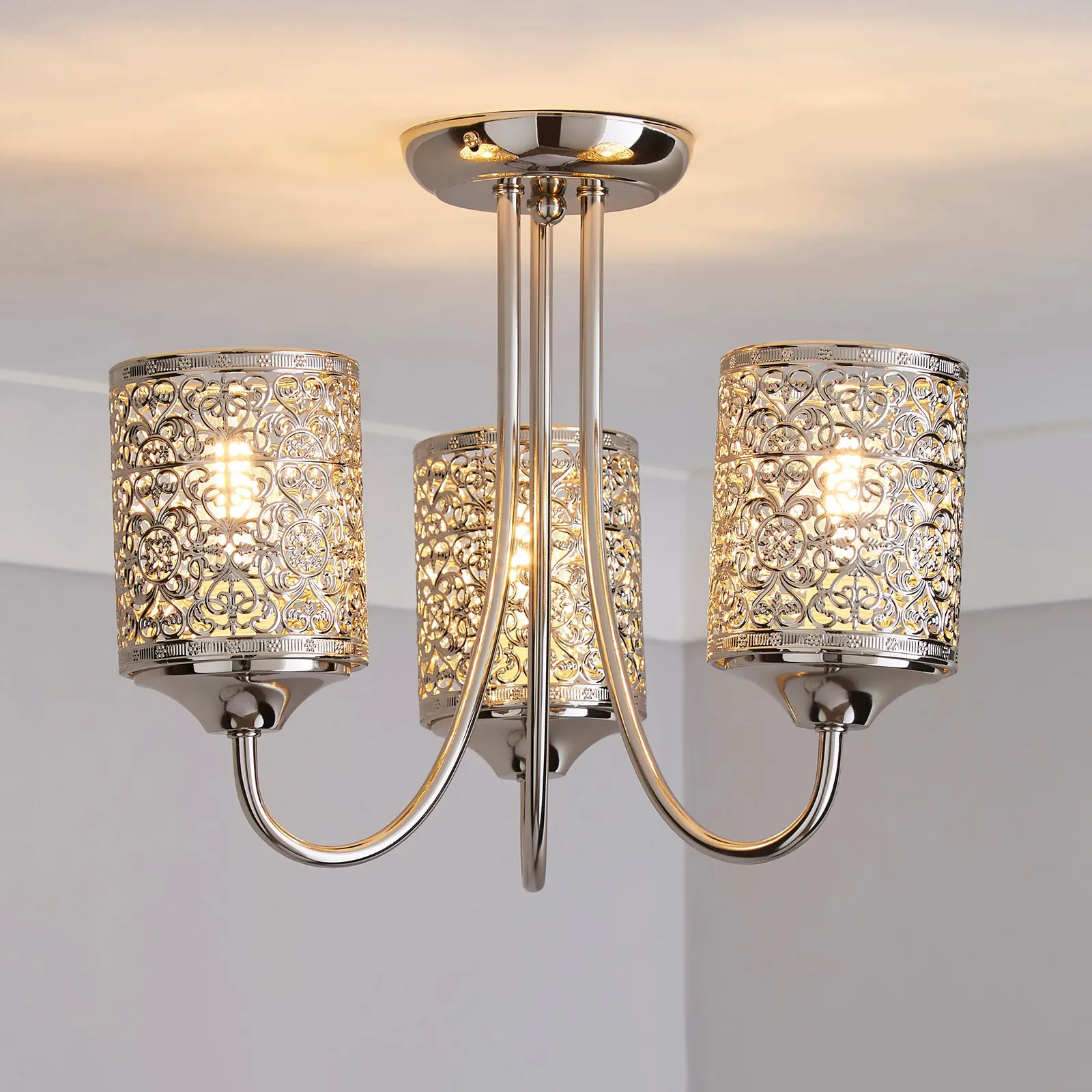 Tunis 3 Light Fretwork Nickel Ceiling Fitting Champagne
