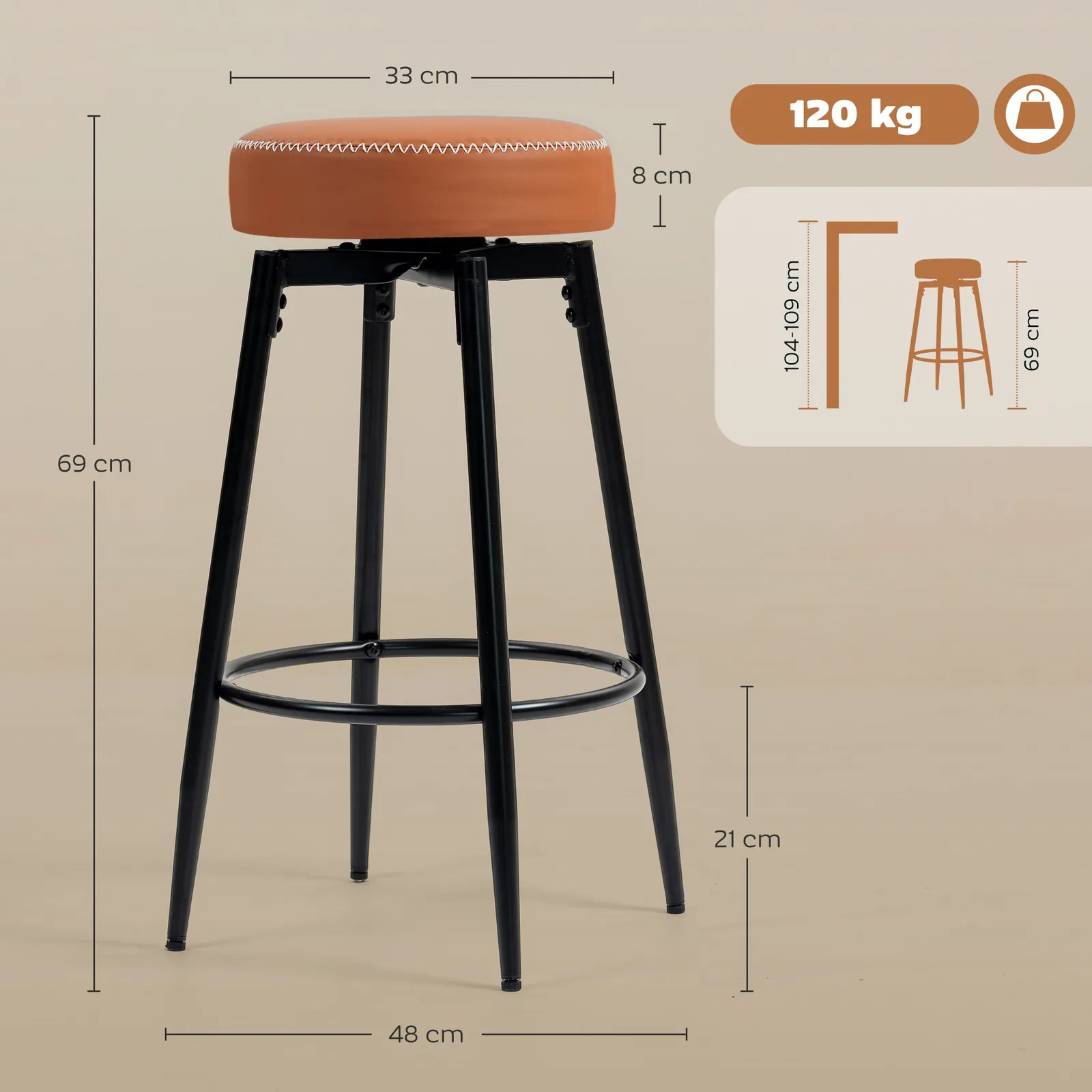 HOMCOM 360 Degree Swivel Bar Stools Set of 2, PU Leather Barstools with Footrest in Brown 3
