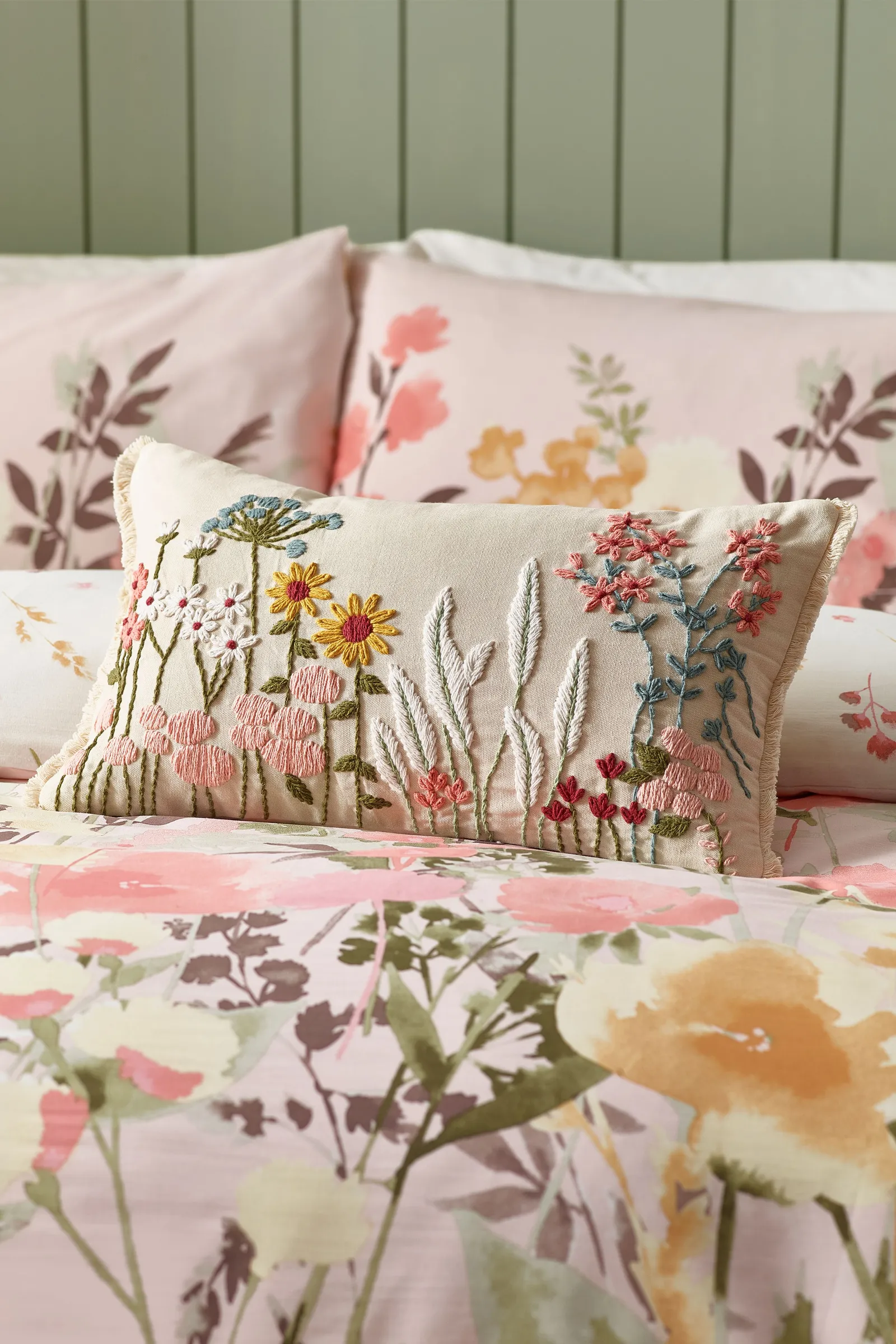 Catherine Lansfield 'Countryside Floral' Embellished Cushion in Natural