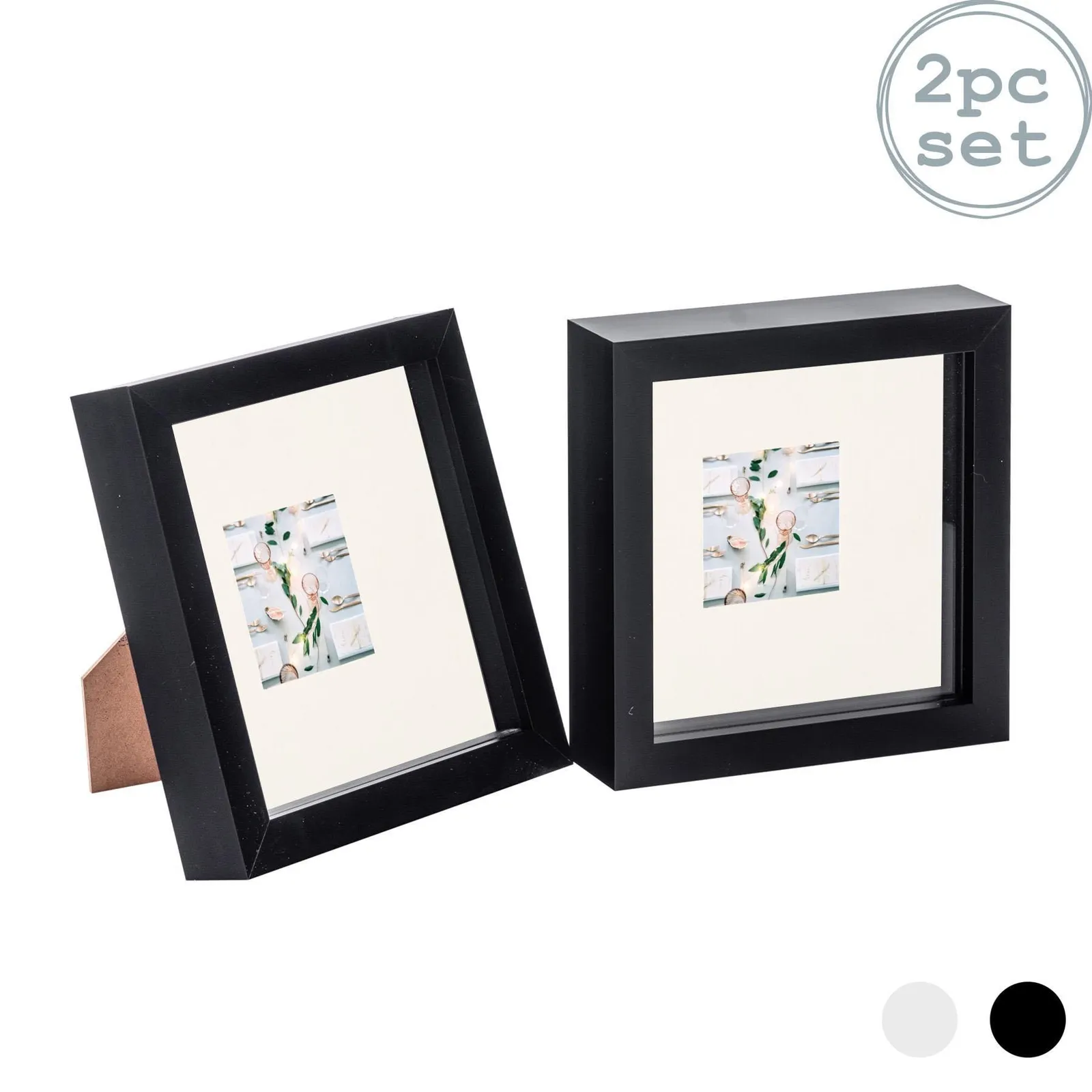 Nicola Spring 3D Box Photo Frames - 6 x 6" with 2 x 2" Mount - Grey Mount - Pack of 2 in Black