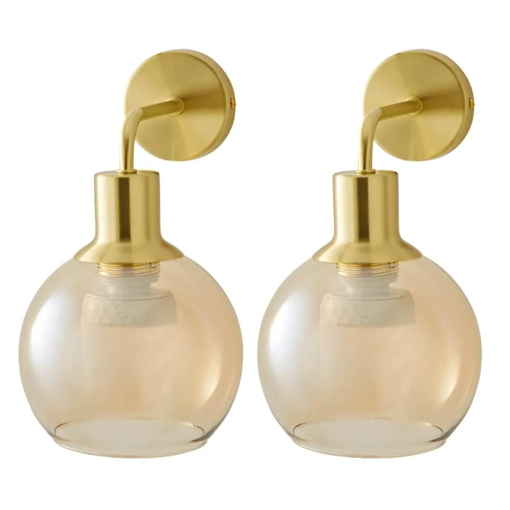 ValueLights Bellamy Pair of Globe Glass Shade Rechargeable Wall Lights in Gold