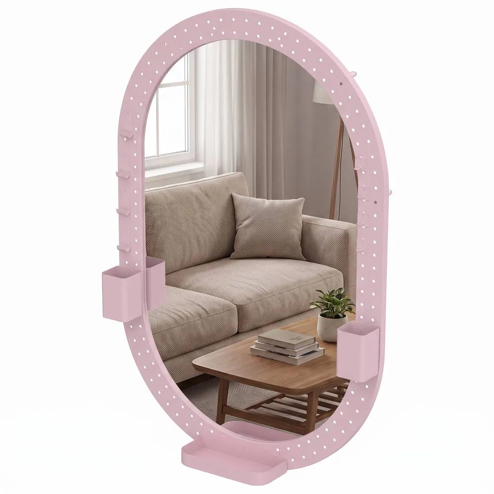 HOMCOM Oval Wall Mirror, 60 x 90 cm, Pegboard Frame, Wall-Mounted in Pink 1