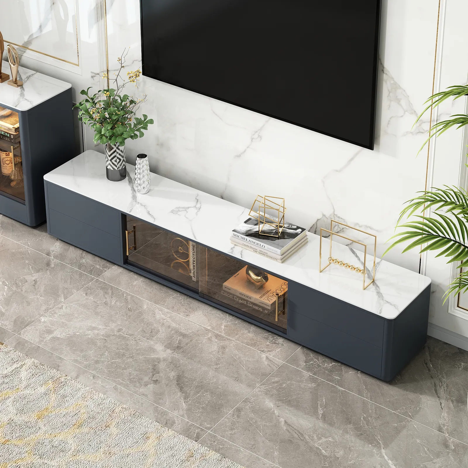 Modern Dark Grey TV Stand Stone Top 4-Drawer Glass Doors Media Console in Large