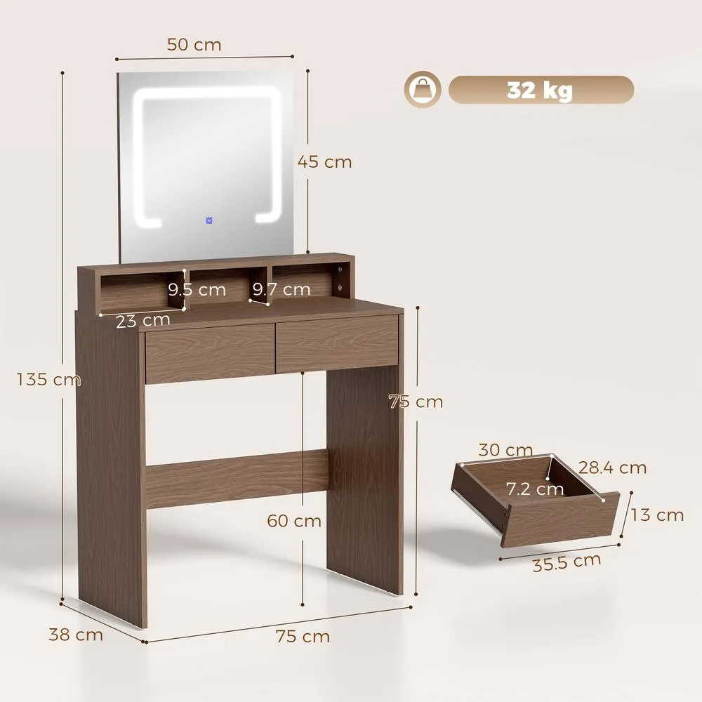 HOMCOM Dressing Table with Mirror, LED Lights, Drawers, for Bedroom, Walnut 3