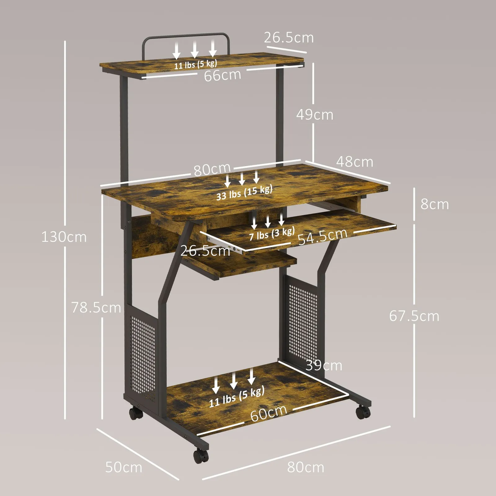 HOMCOM Mobile Computer Desk Industrial Study Table with Storage Shelves in Dark Brown 3