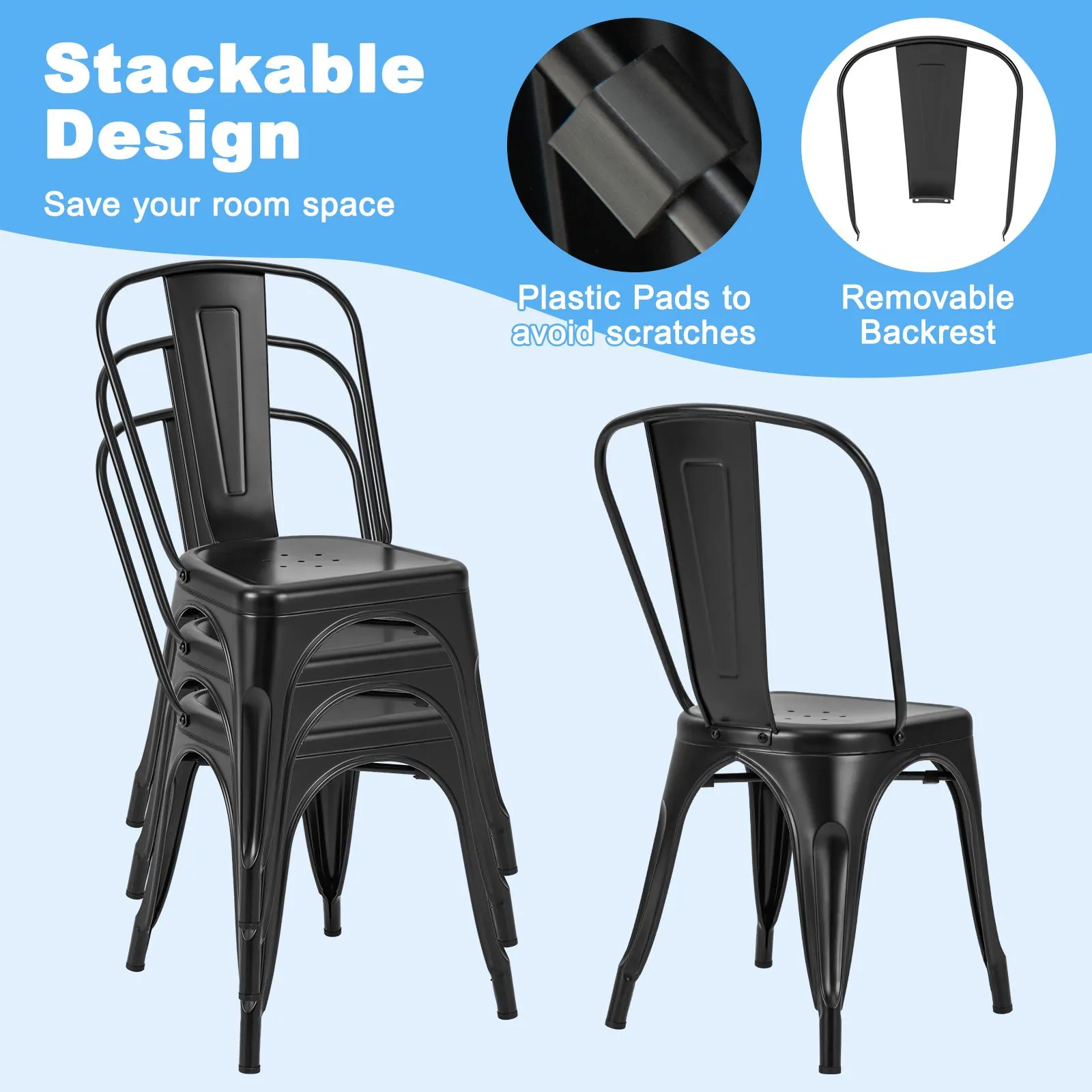 Costway 4PCS Stackable Dinning Chairs Industrial Metal Bar Stools with Removable Backrest in Black 5