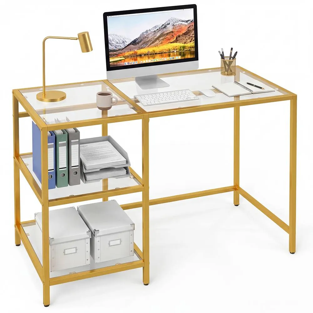 Costway Tempered Glass Computer Desk Modern Office Desk with Storage Shelves in Gold