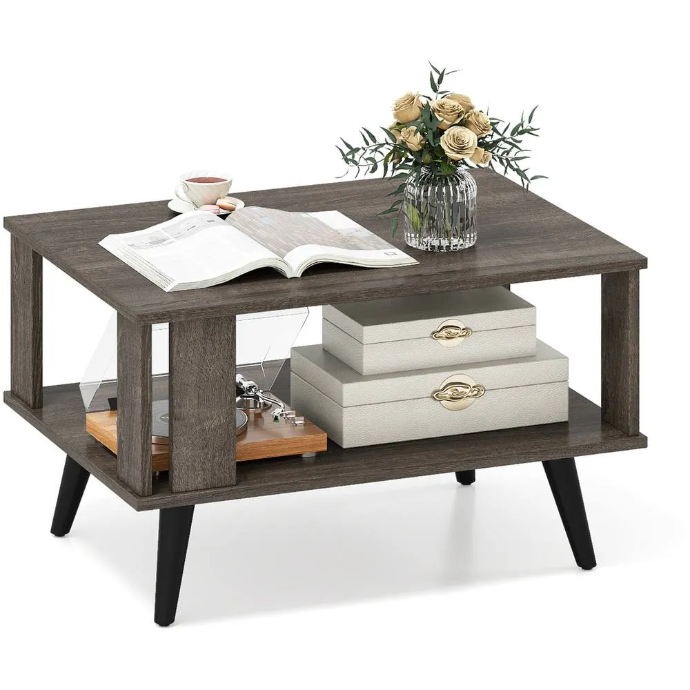 Costway 2-Tier Wooden Center Table Coffee Table w/Open Storage Shelf-Grey in Grey 5