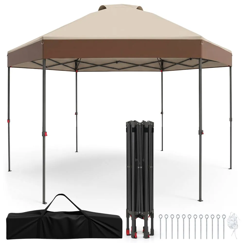 Costway 3.6x3.6m Pop Up Garden Gazebo Adjustable Height Canopy Tent w/Pegs in Brown