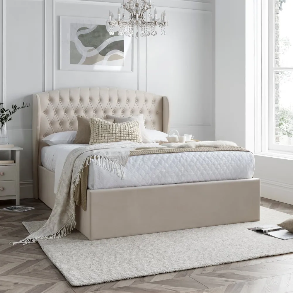Warwick – Double – Ottoman Storage Bed – Oatmeal – Velvet – 4ft6 - Happy Beds