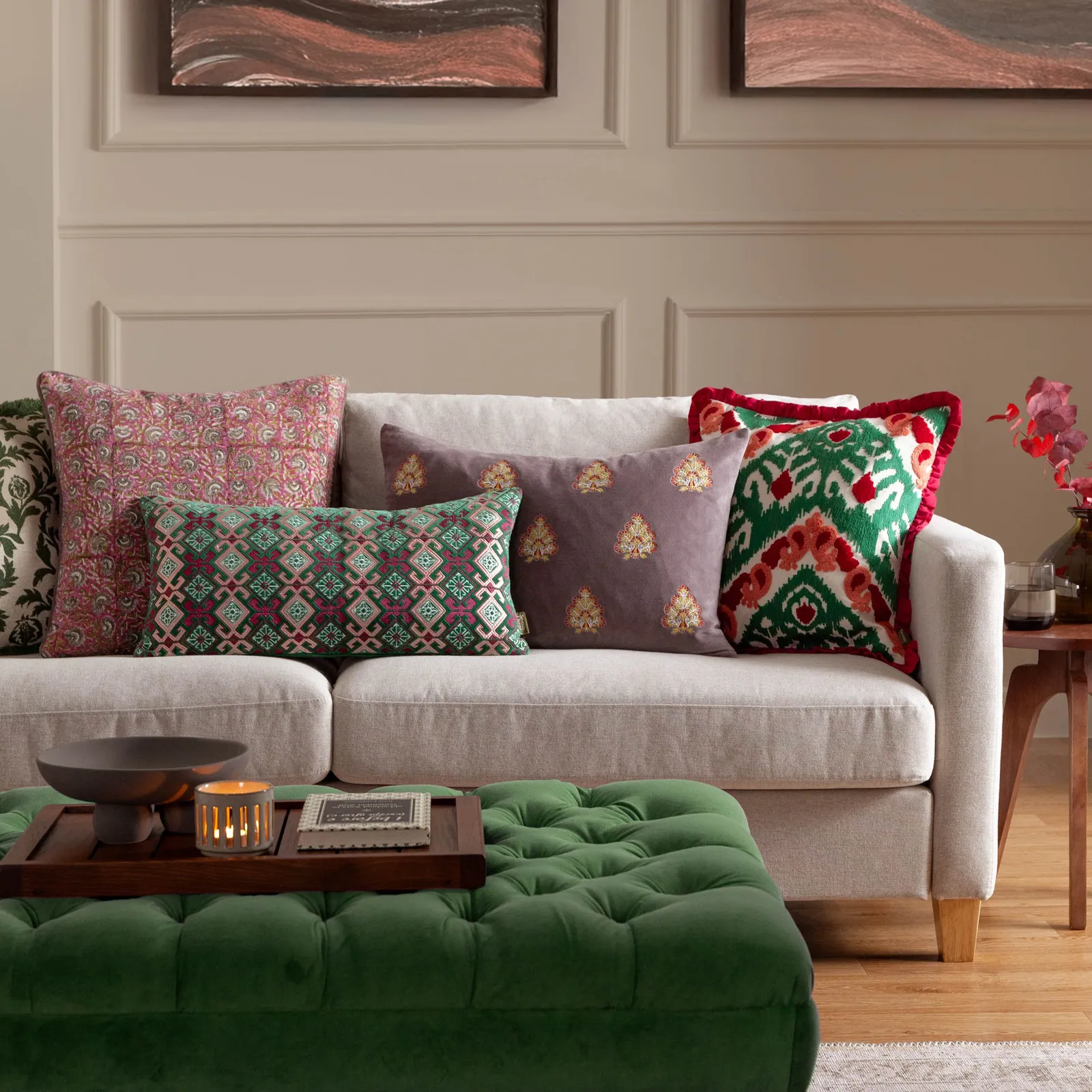 Paoletti Laurel Floral Embroidered Cushion in Bright Green 6