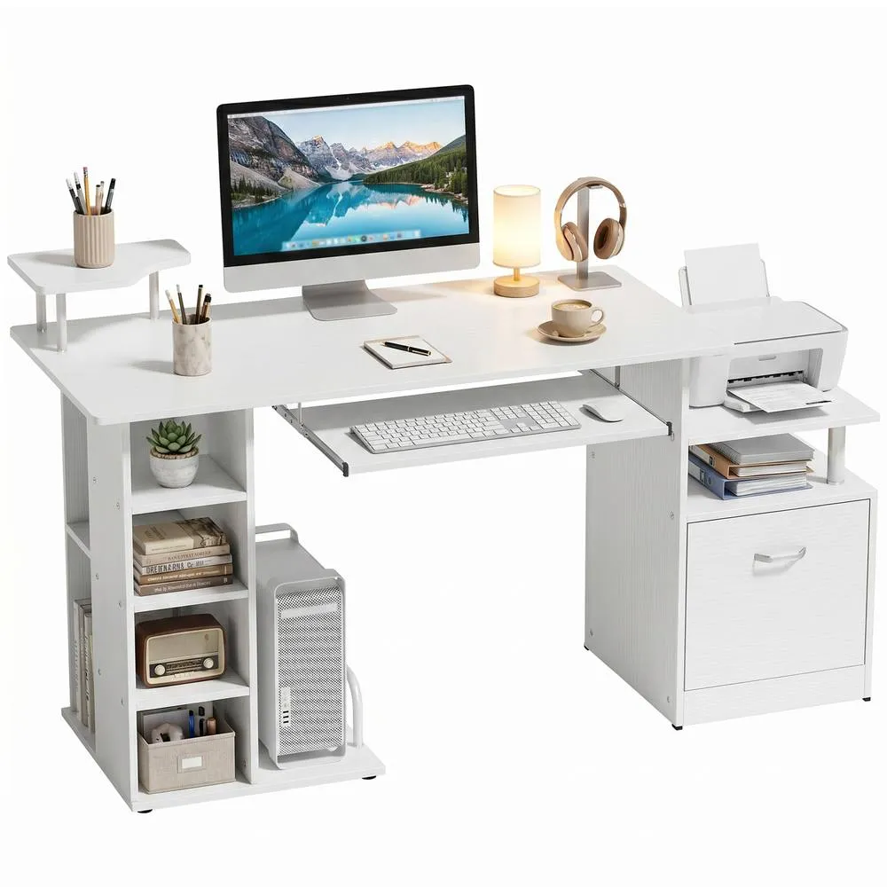 HOMCOM Wood Computer Desk Laptop Workstation Drawer Shelf for Home Office in White 2