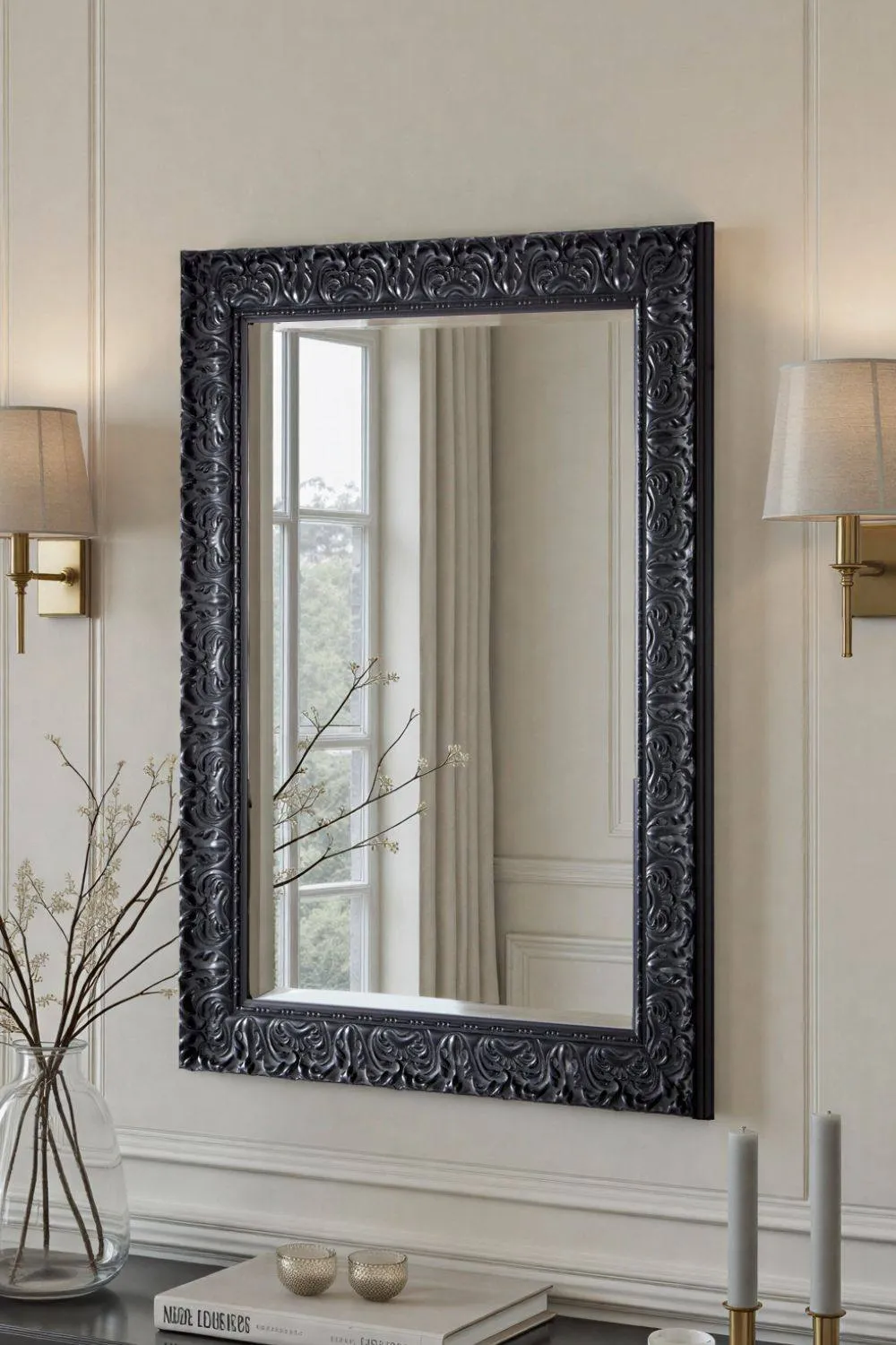 Yearn Mirrors Carved Framed Bevelled Mirror Black 102.5x74.5cm