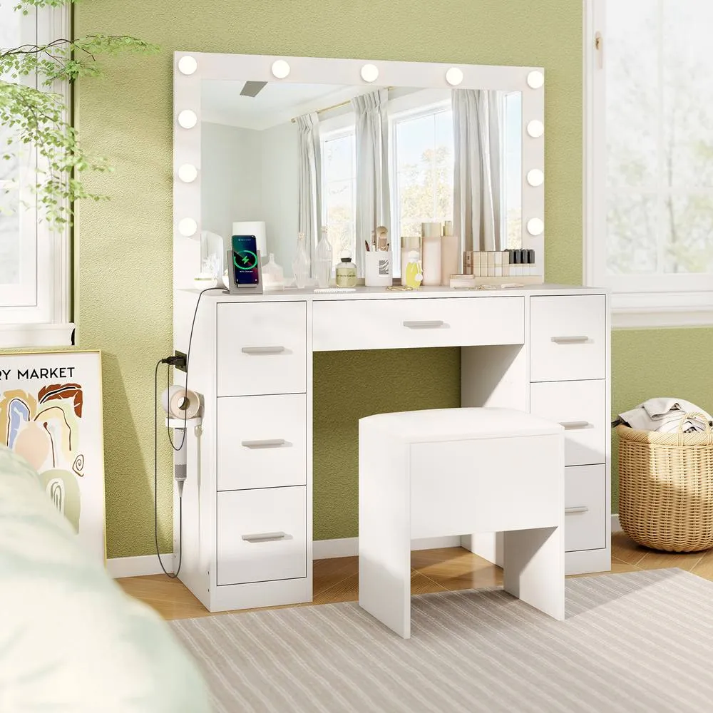Costway Vanity Desk Set w/ Power Outlets Modern Makeup Table w/Storage Stool in White 3