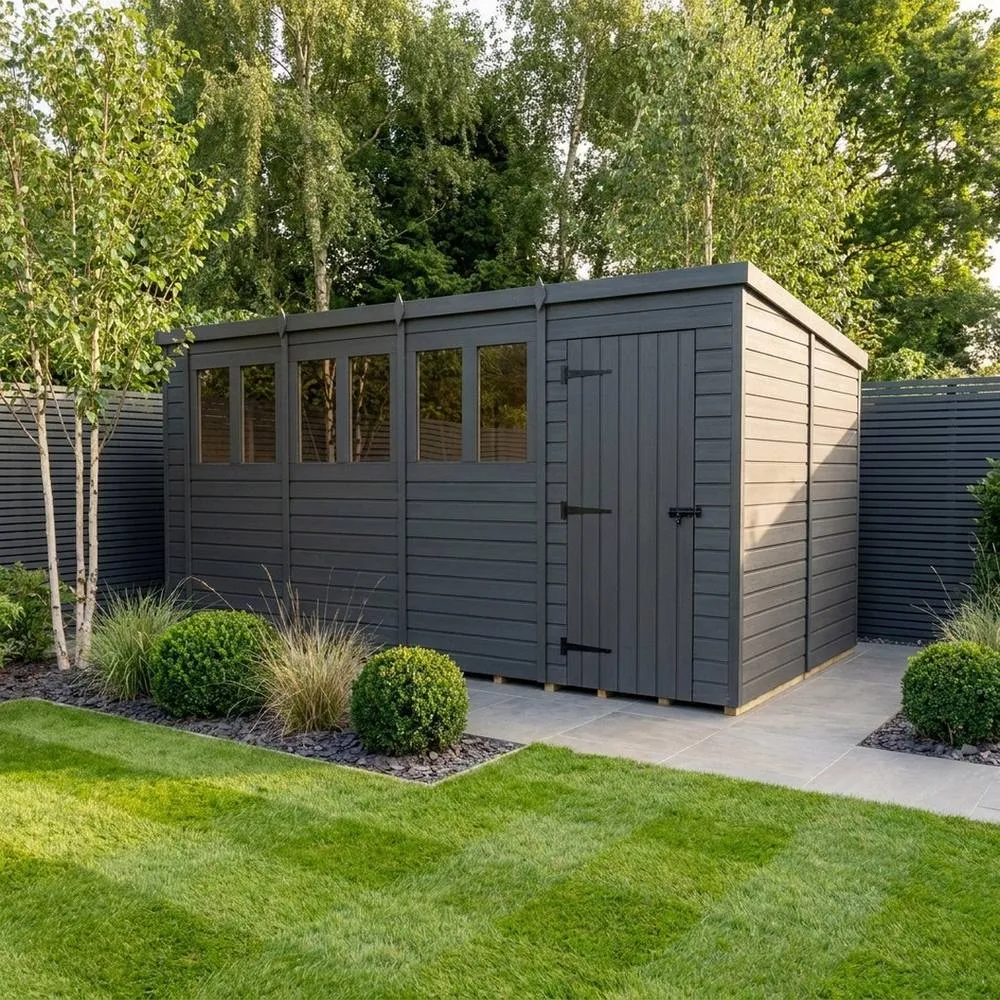 Buttercup Farm 18ft x 10ft Composite Pent Garden Shed Single Door With Windows in Grey 2