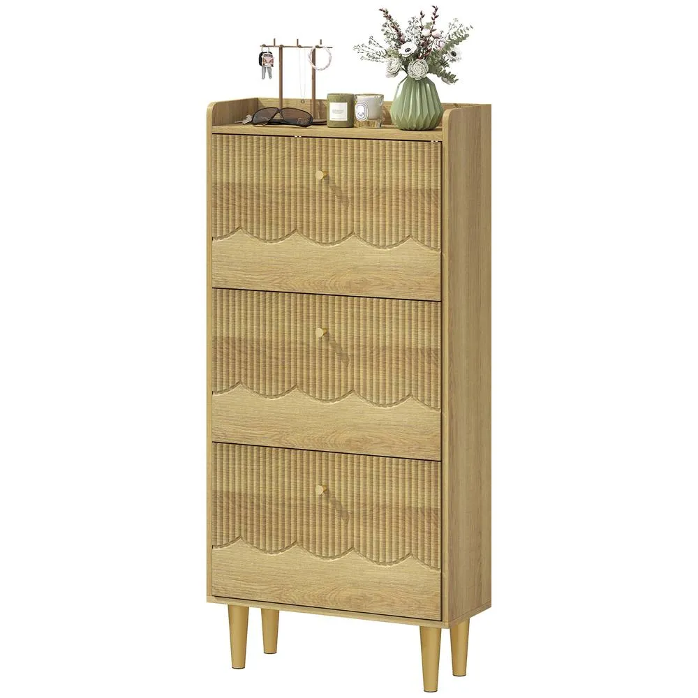 HOMCOM Narrow Shoe Cabinet, Shoe Storage Cabinet with 3 Flip Drawers, Oak in Natural