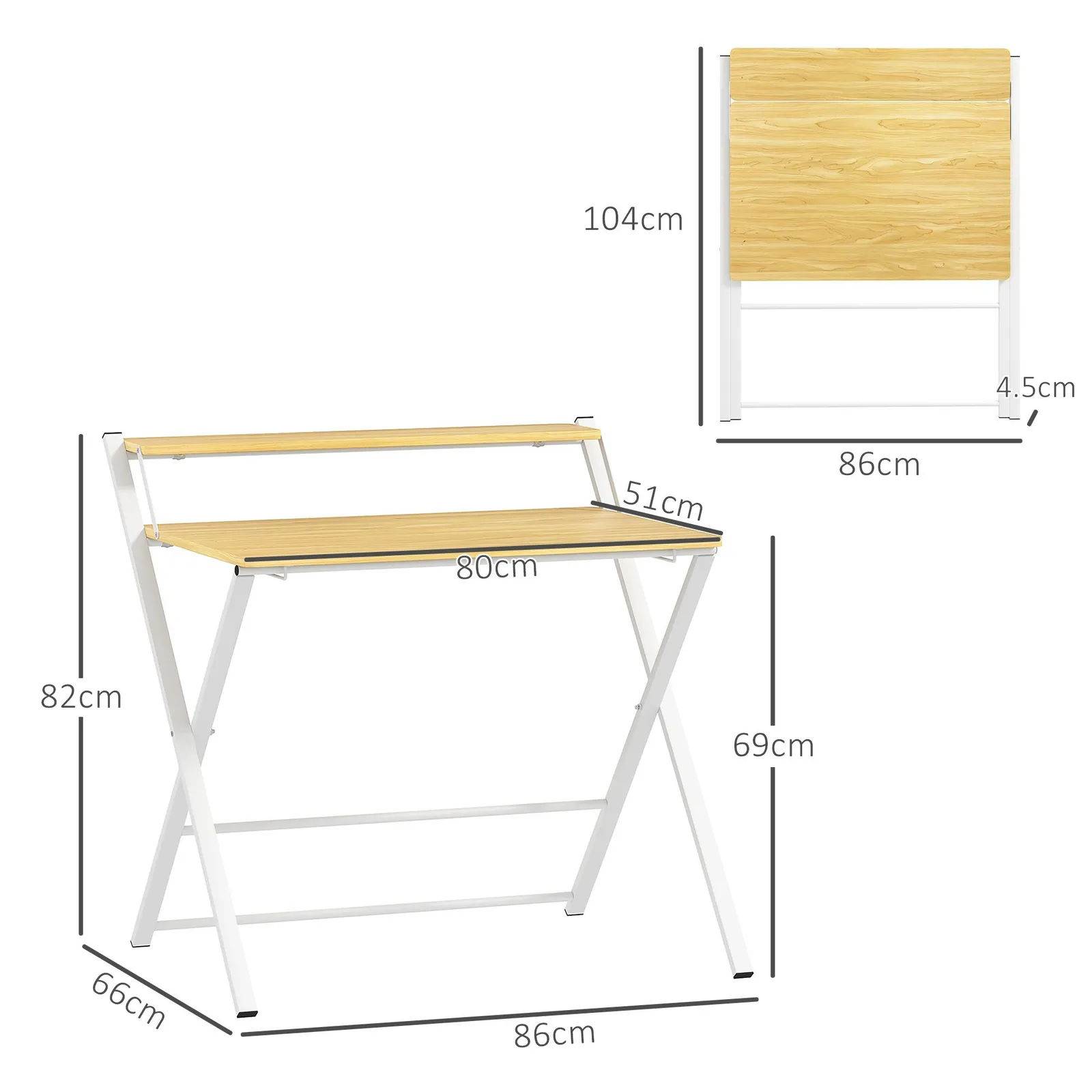 HOMCOM Folding Desk with 2-Tier Shelf for Home Office, Maple Wood-effect in Natural 3