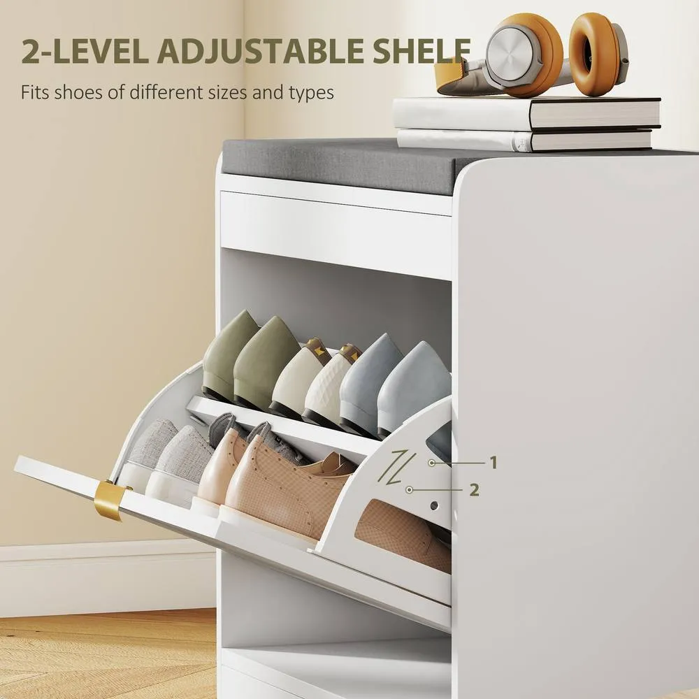 HOMCOM Shoe Bench with 1 Flip Drawer, Cushion, 5 Pairs for Entryway White 6