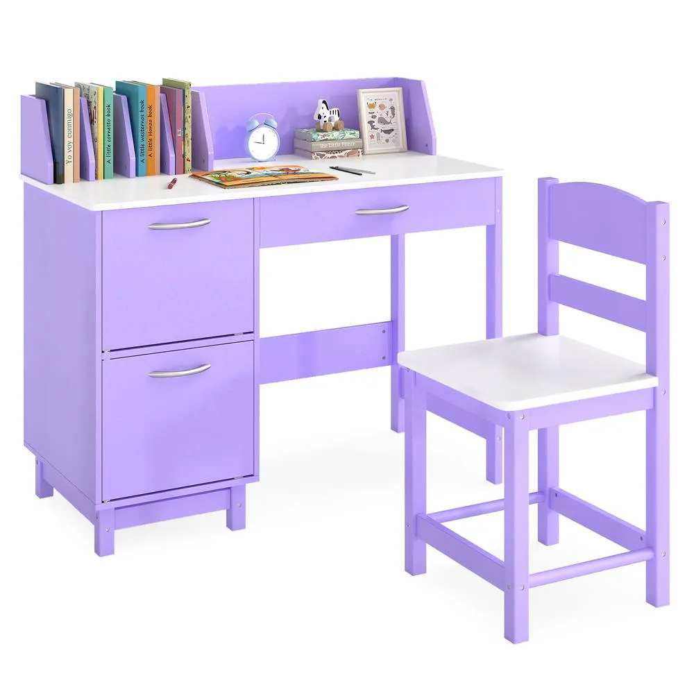 Costway Kid's Study Desk & Chair Set Wooden Activity Table w/ Wide Desktop in Purple 3