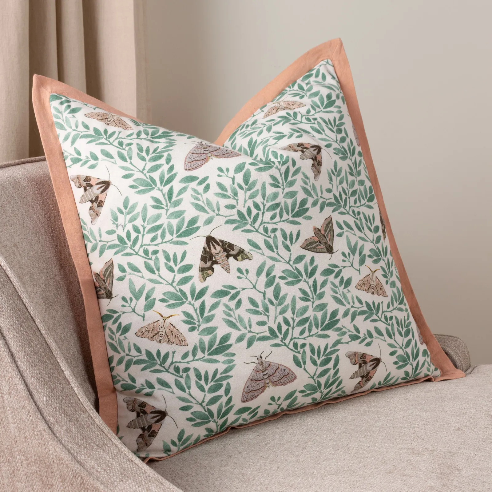 Wylder Silkmoth Bordered Floral 100% Cotton Cushion in Pale Pink