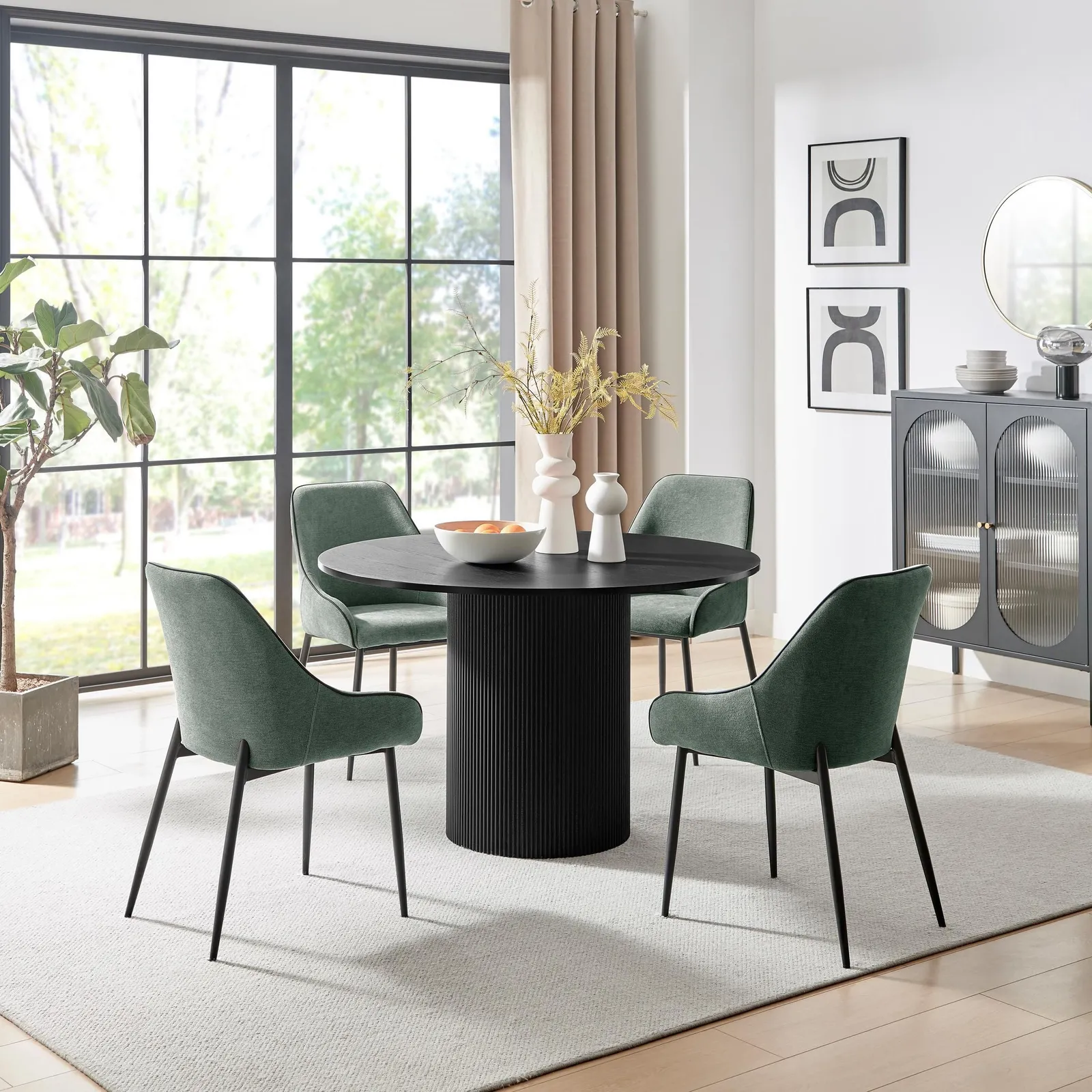 FurnitureboxUK Penrose Black Round Dining Table & 4 Beaumont Chairs in Green 1