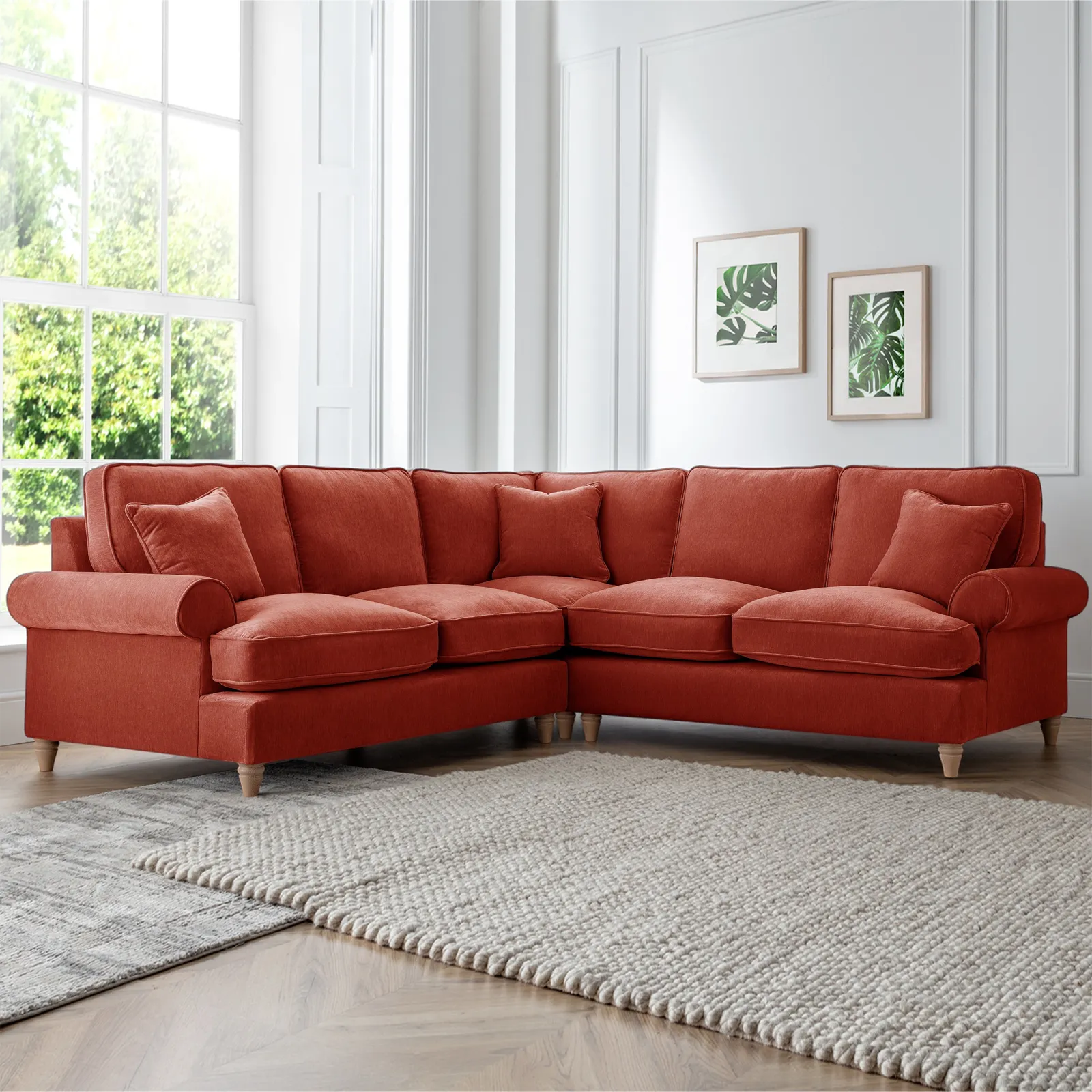 The Great Sofa Company Ezra Large Textured Velvet Corner Sofa - Scroll Arm in Terracotta 1