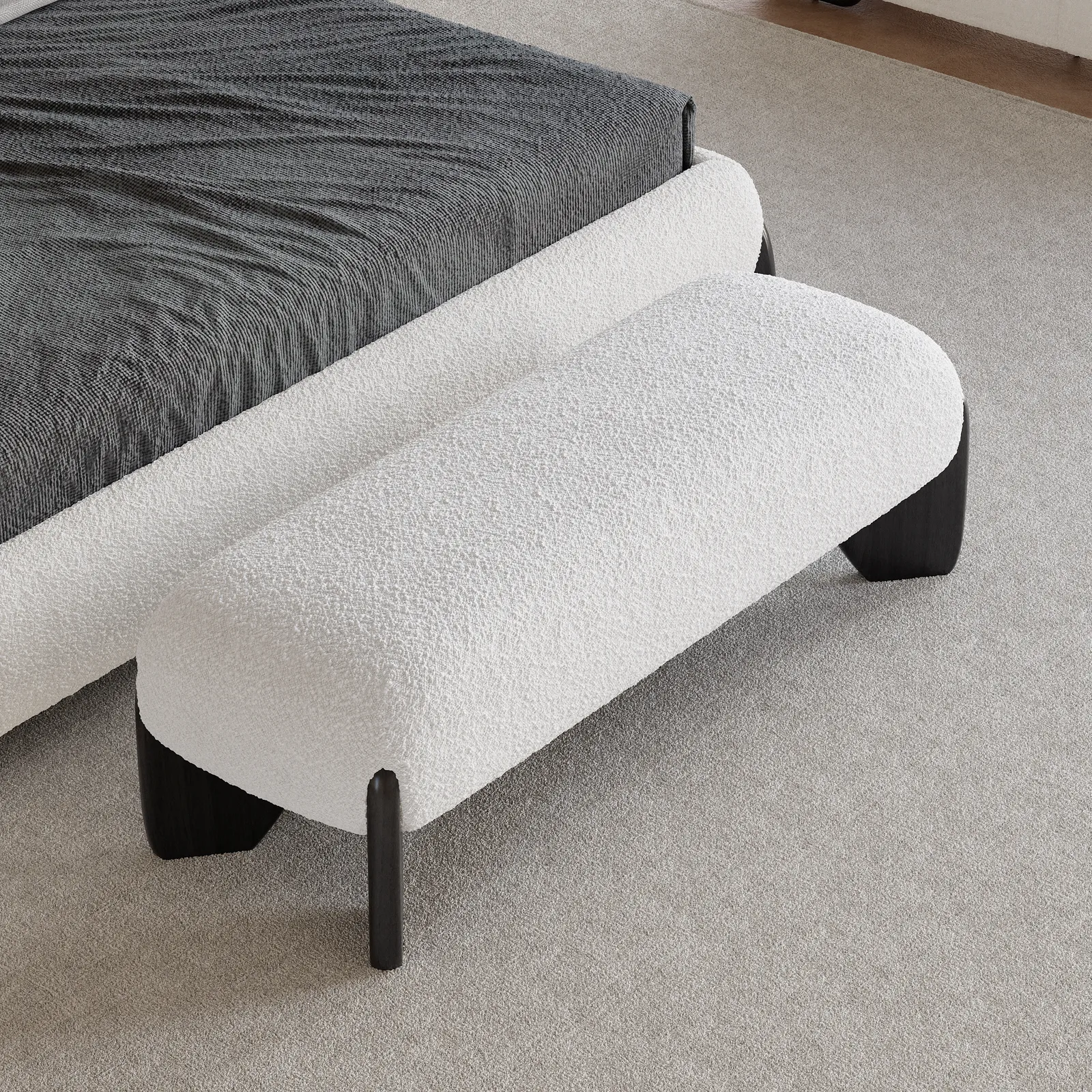 Modern White Boucle Bedroom Bench Upholstered Long Bench with Wood Legs