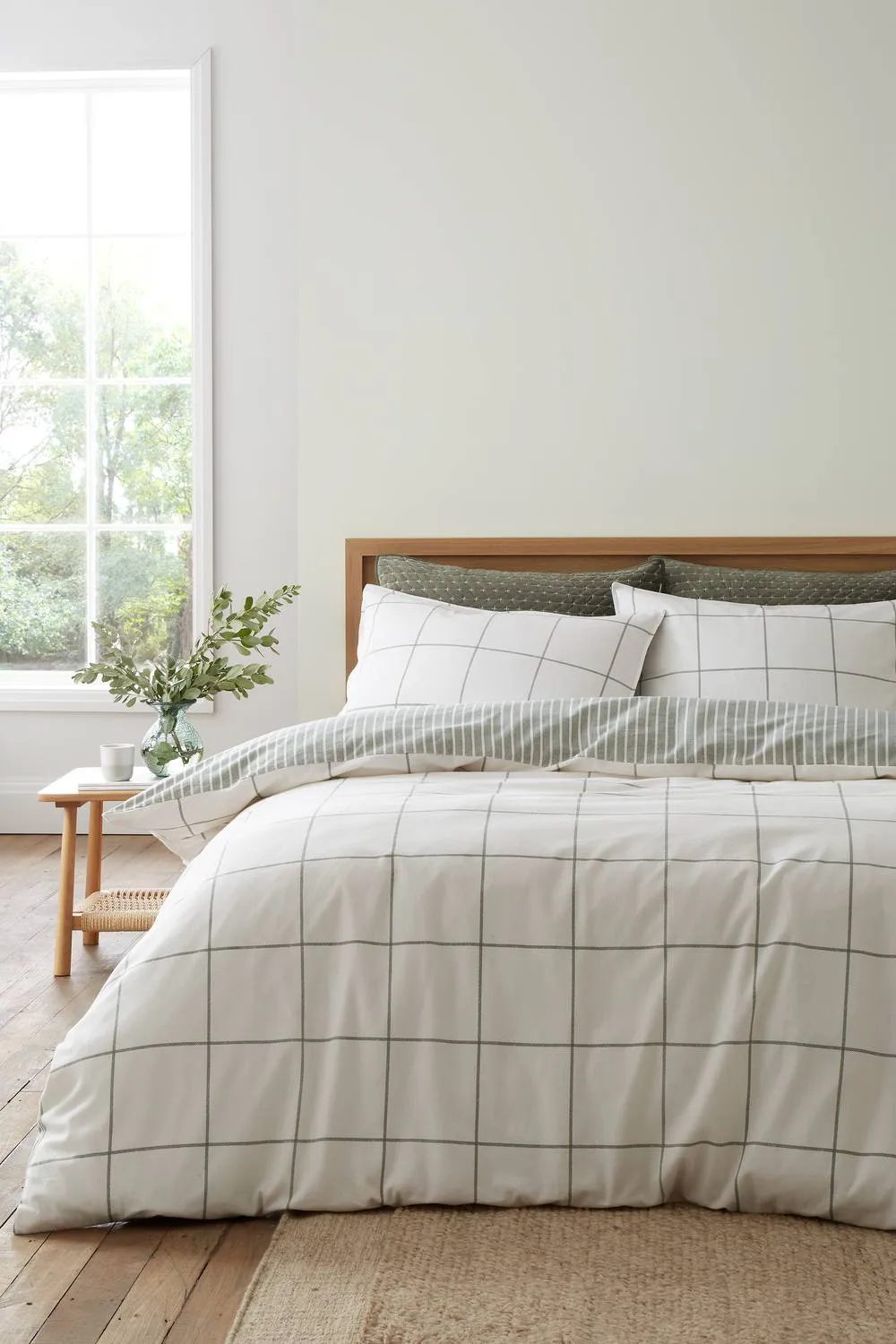 Bianca Brushed Regal Check Cotton Reversible Duvet Cover Set in Green 1