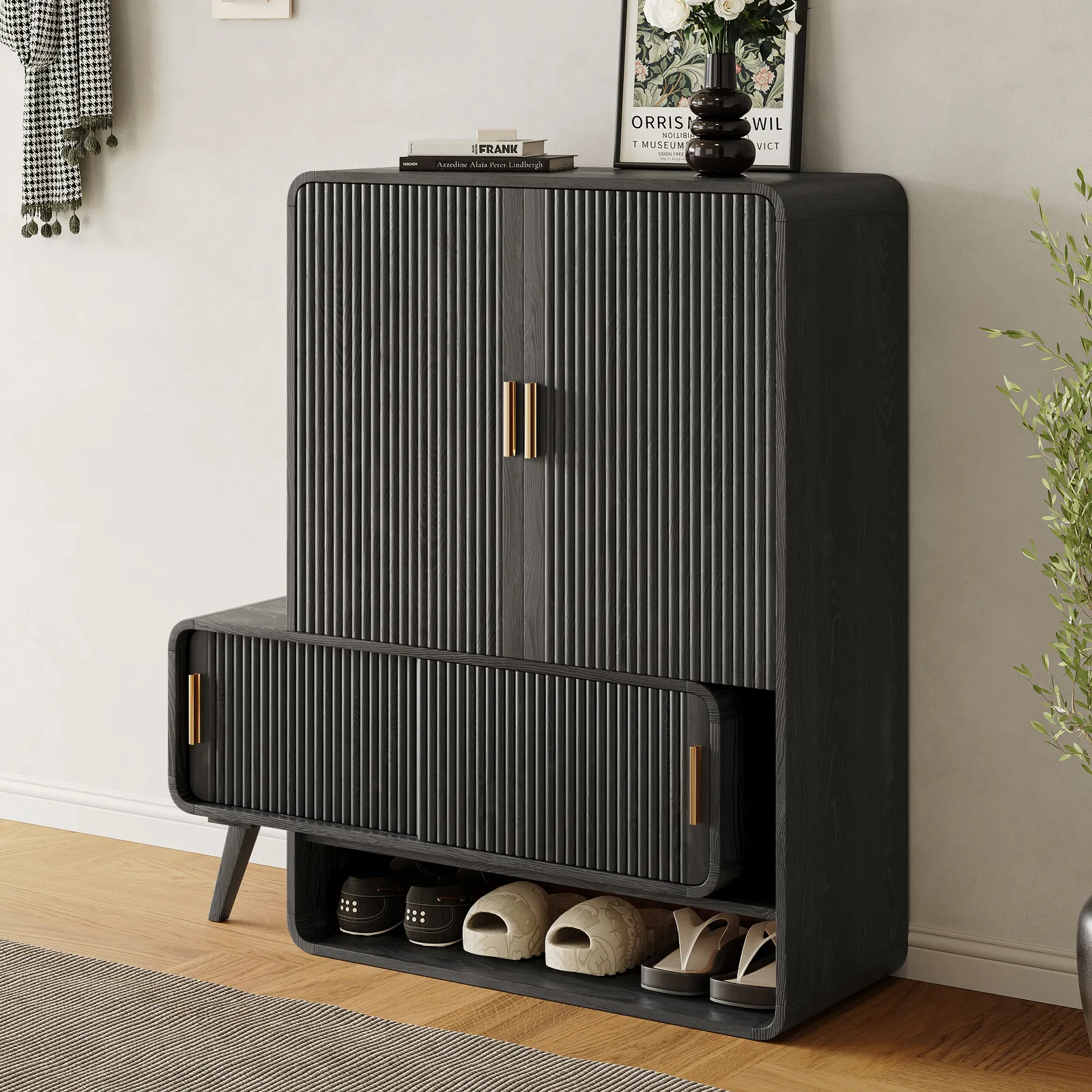95 cm Ash Wood Veneer Shoe Storage Fluted Entryway Cabinet, Left Hand