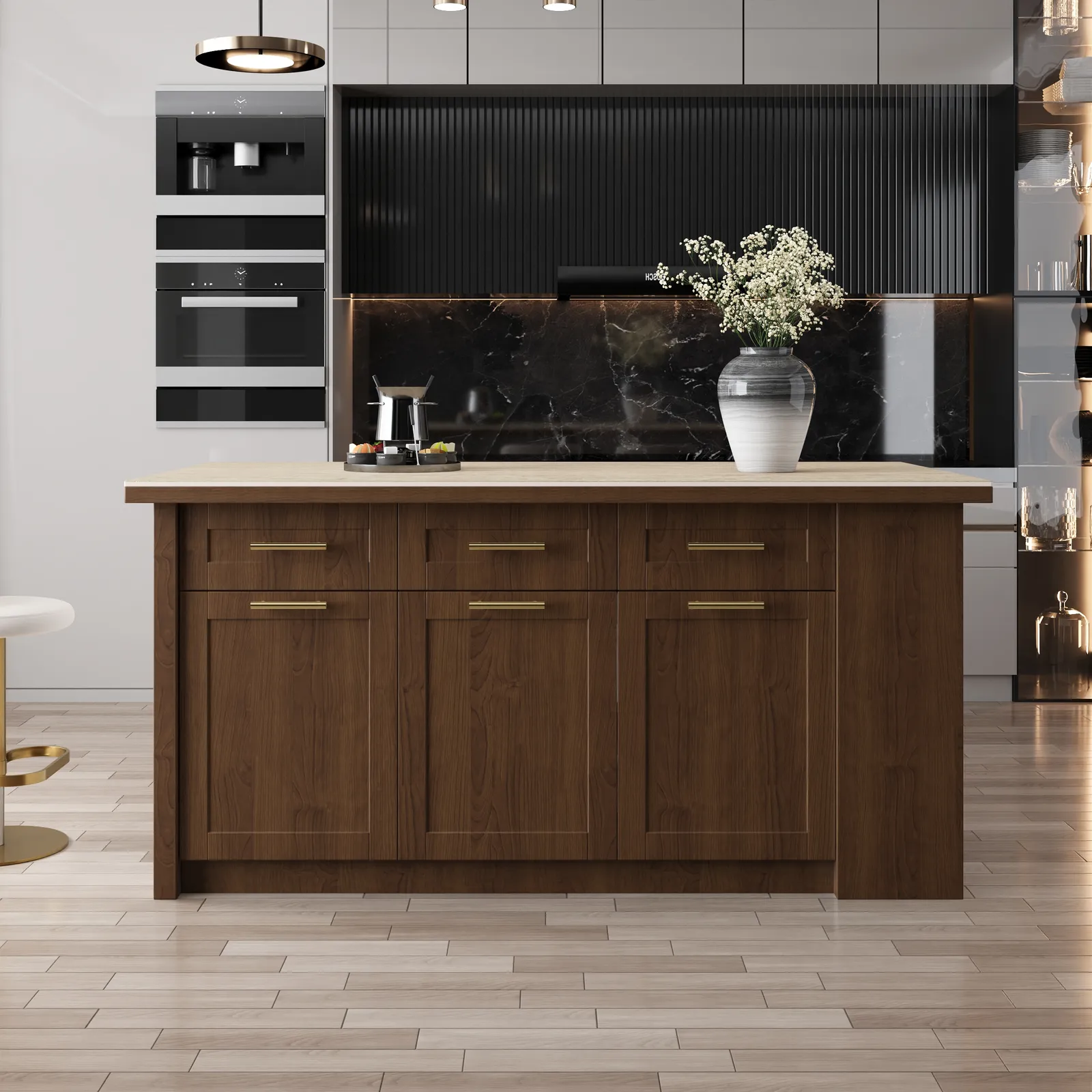 180 cm Kitchen Islands Sintered Stone Walnut Modern with Storage Kitchen Cabinet