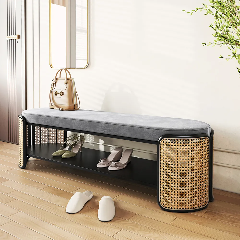 1247mm Rattan Bench Modern Gray & Natural Upholstered Entryway Bench with Shoe Storage