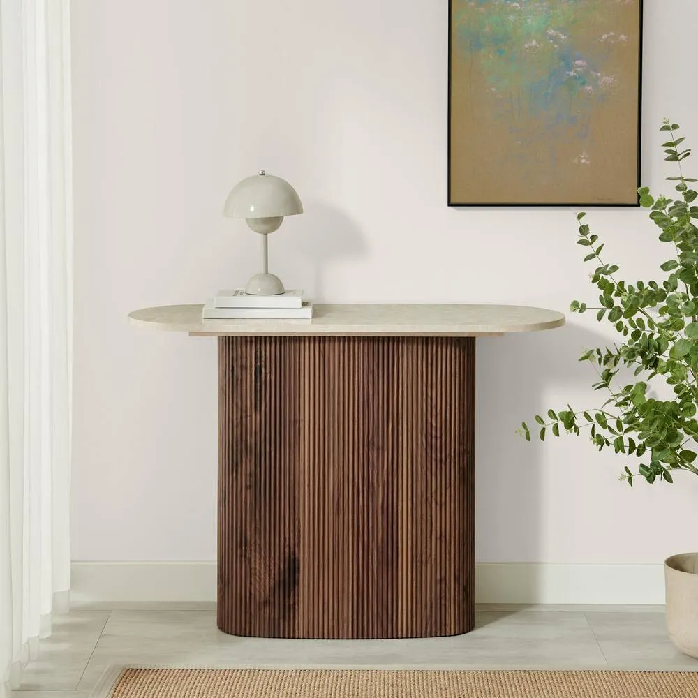 FurnitureboxUK Penrose Rounded Walnut Wood & Marble Effect Console Table 3