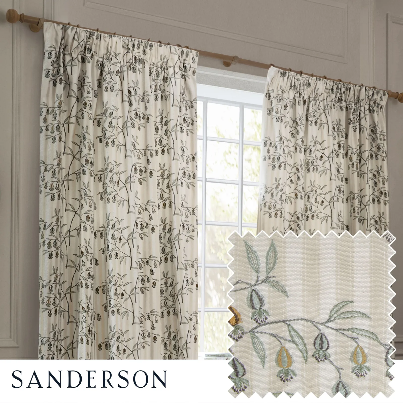 Sanderson Chinese Lanterns Embroidered Room Darkening Pencil Pleat Curtains in Beige
