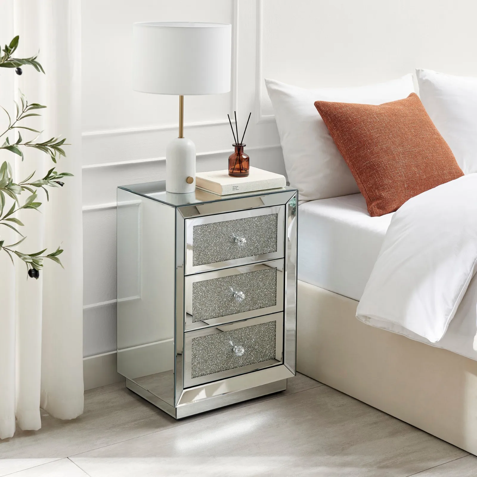 FurnitureboxUK Stella Crushed Diamond Effect Mirrored 3 Drawer Bedside Table in Silver