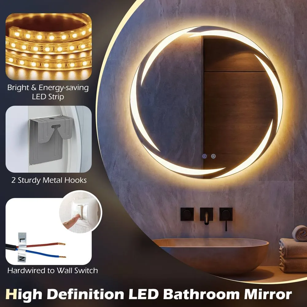 Costway Round LED Bathroom Mirror w/3-Color Lights in White 5