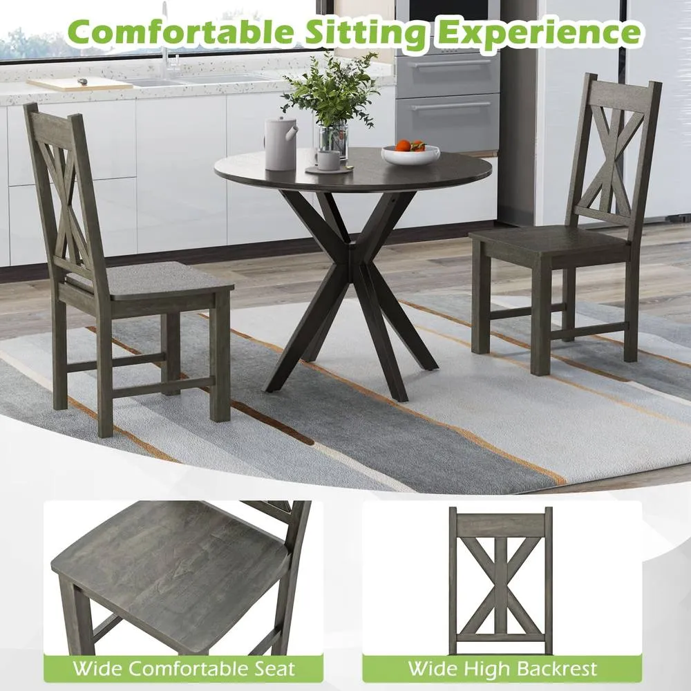 Costway Wooden Dining Chairs Kitchen Chair Set of 2 w/ Rubber Wood Frame in Grey 3