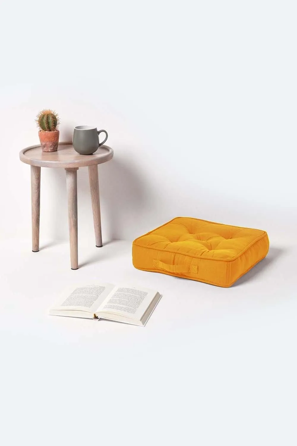 Homescapes Rajput Ribbed Cotton Floor Cushion in Bright Yellow 2