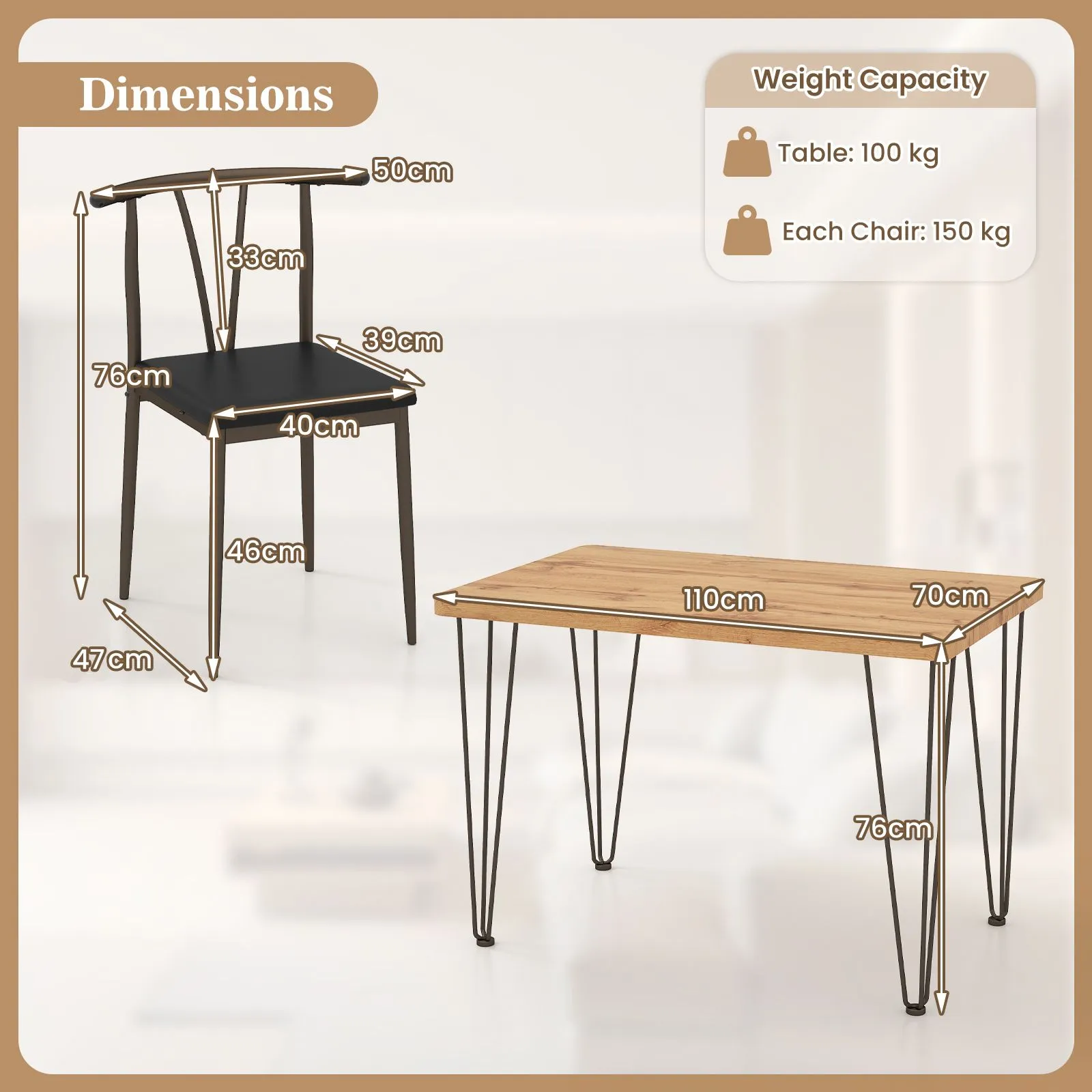 Costway 5-Piece Dining Table Set Industrial Rectangular Kitchen Table in Light Oak 2