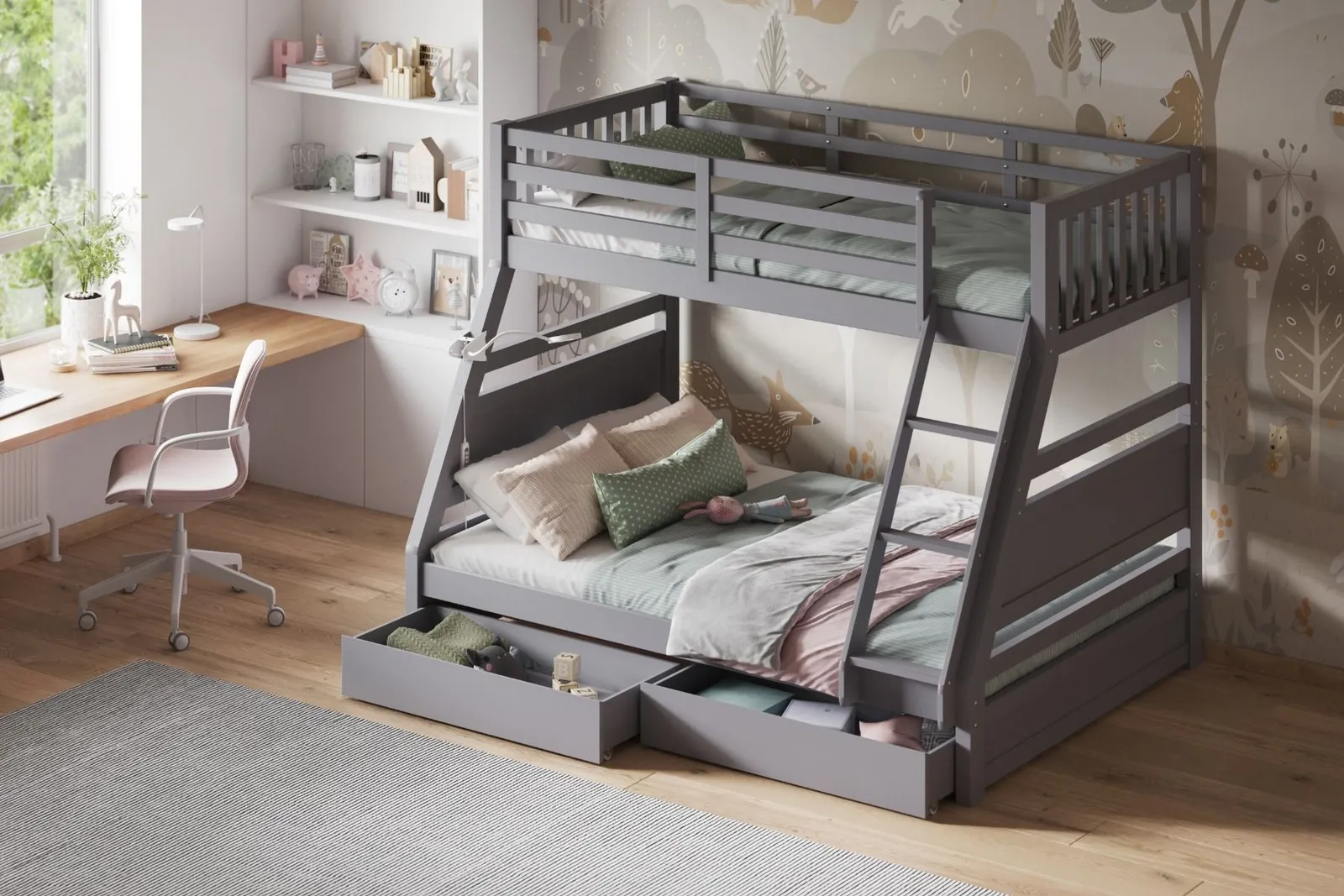 Flair Ollie Wooden Triple Bunk Bed with Drawers in Grey 2