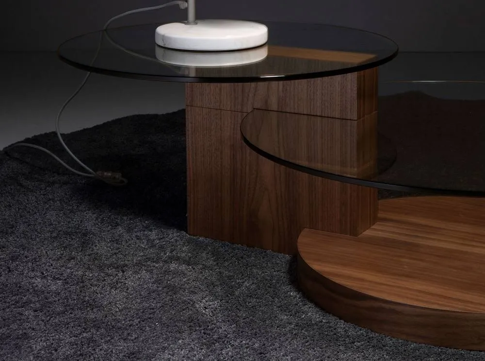 Angel Cerda Round Tempered Glass & Walnut-Veneer Coffee Table in Brown 5