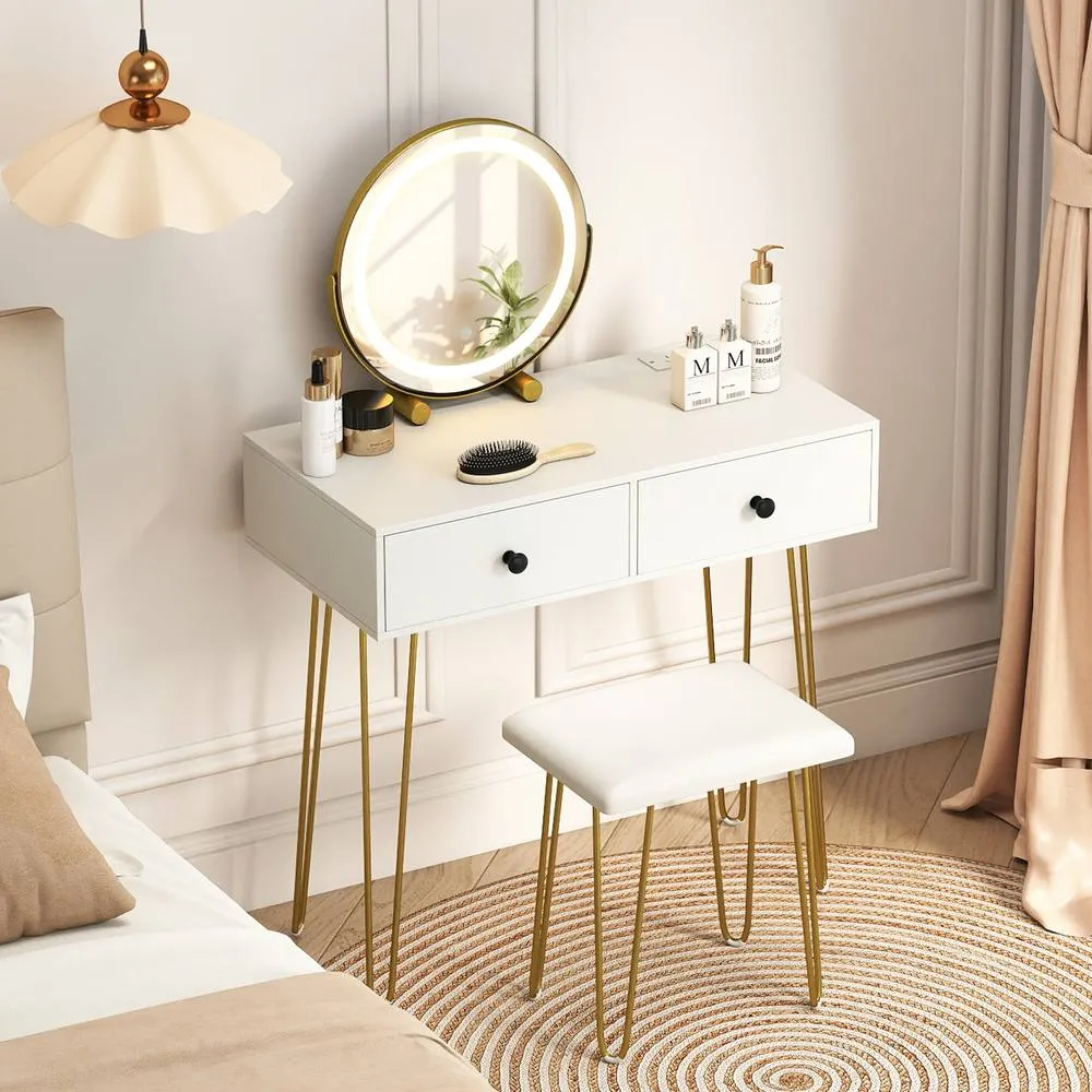 Costway Vanity Set w/Mirror & Lights Dressing Table & Stool w/Charging Station in White 3
