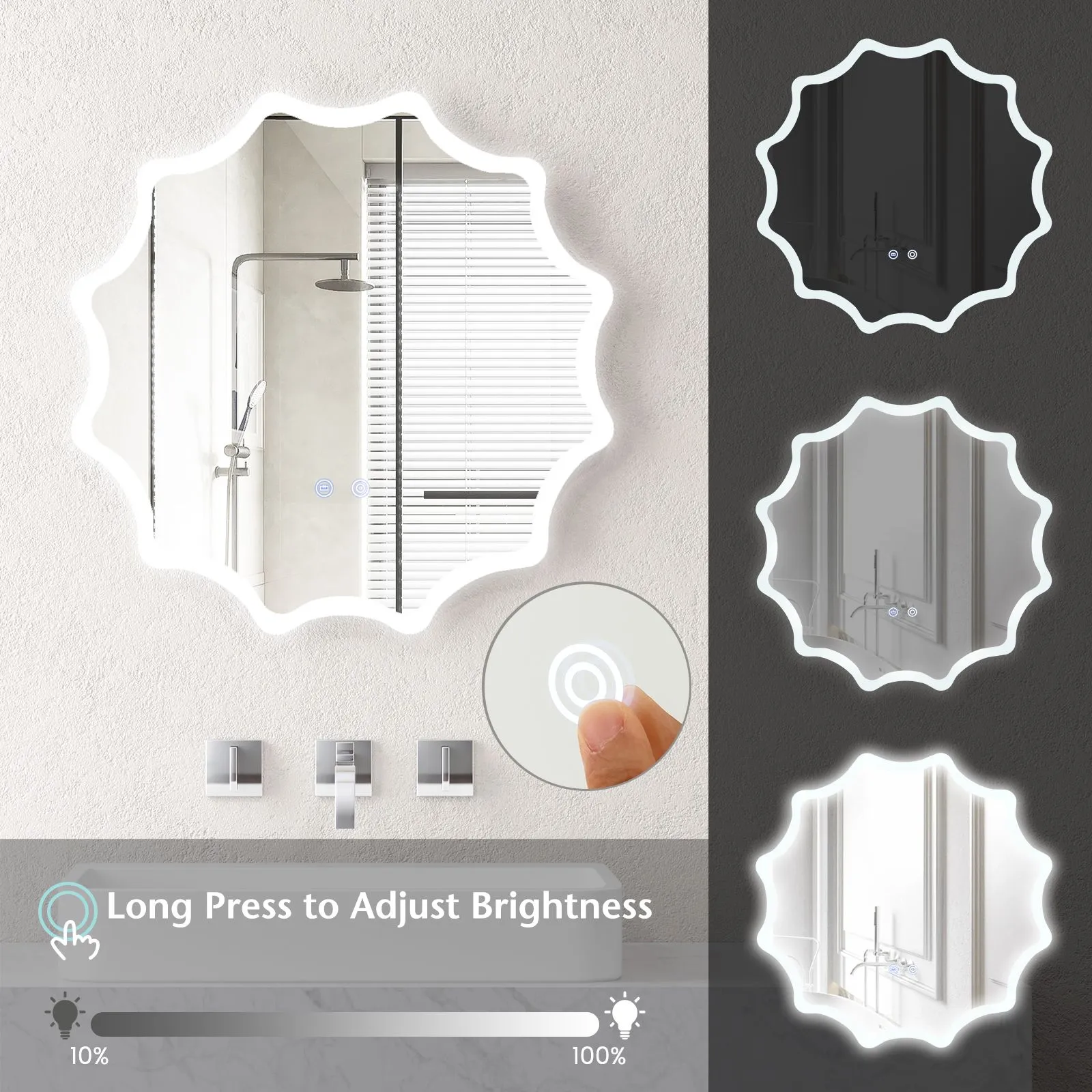 Costway 60cm Round Anti-fog 3-Color LED Lights Bathroom Mirror Waved Edge Wall Mirror in Silver 6