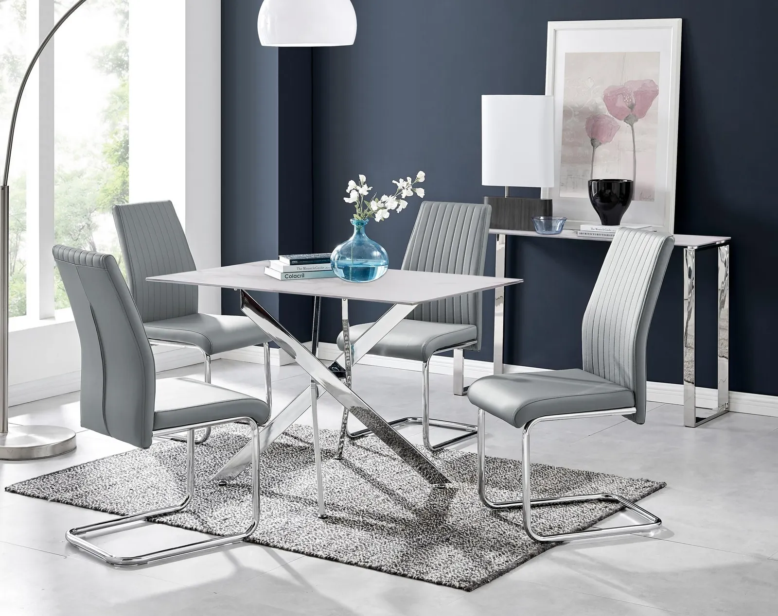FurnitureboxUK Leonardo White Glass Marble Effect Silver Leg Table & 4 Lorenzo Chairs in Grey 1