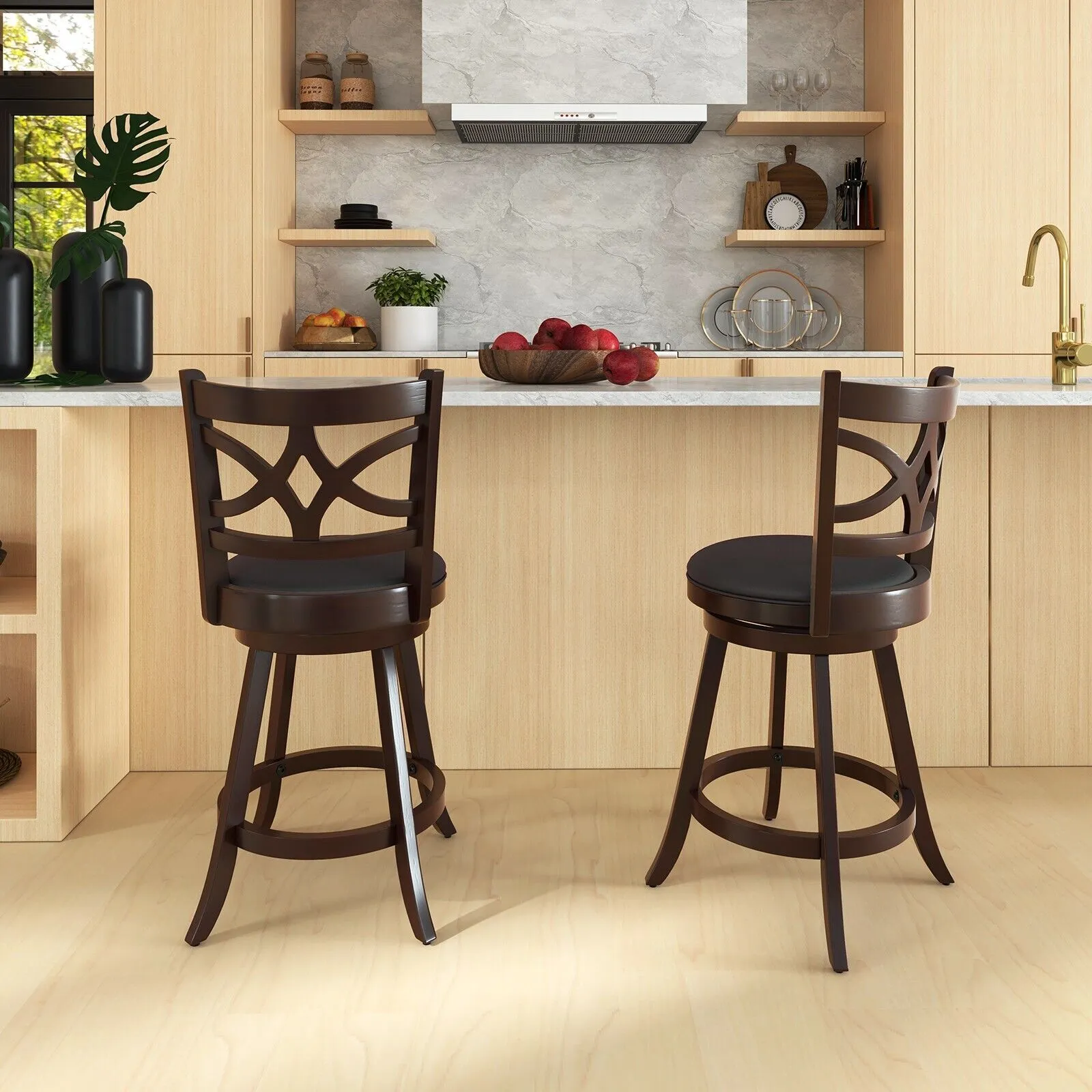 Costway Set of 2 Bar Stools Counter Height Chair Pub 360 Swiveling Upholstered Seat 24" in Brown 3