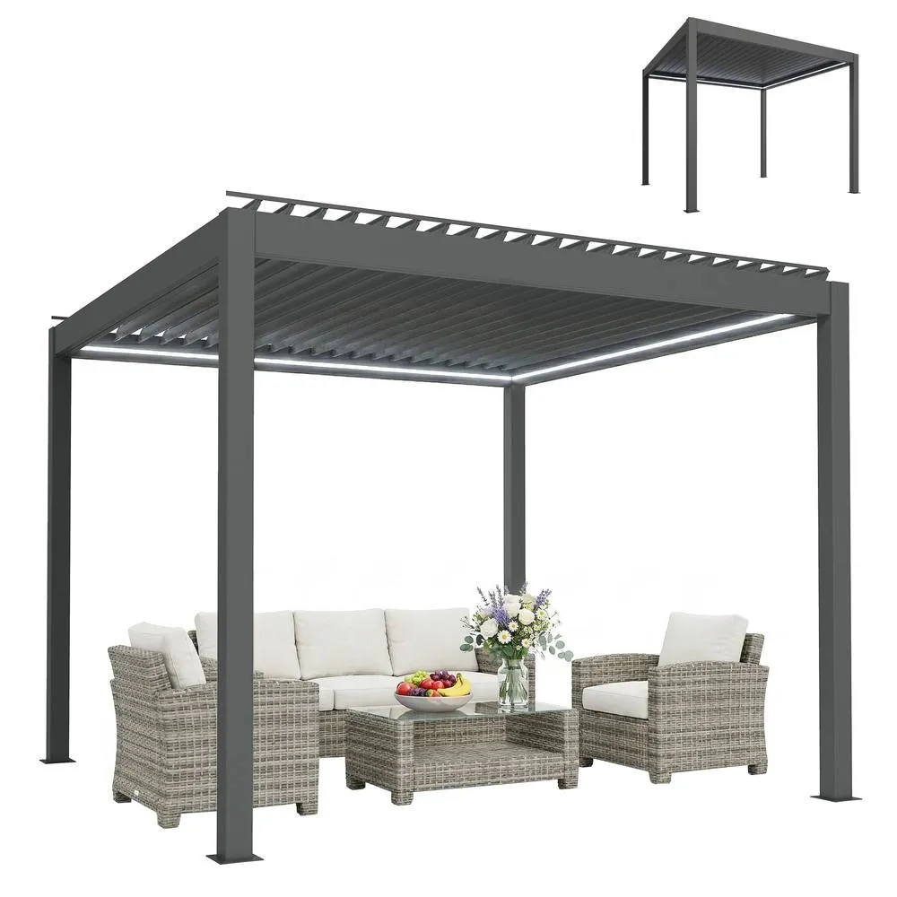 OUTSUNNY 3 x 3(m) Electric Louvered Pergola Aluminium Pergola w/ LED Light in Dark Grey 2