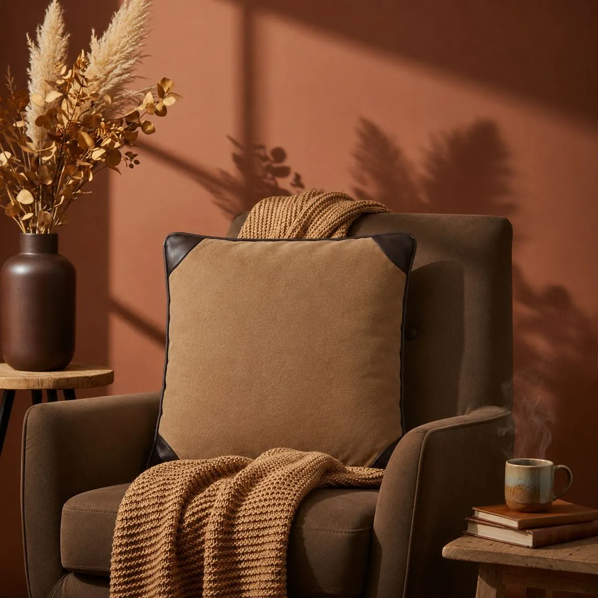 Orsina Leather Effect Throw Cushion, Polyester Décor Cushion for Relaxing, Washable Cushion for Sofa, Bed, Chair in Brown