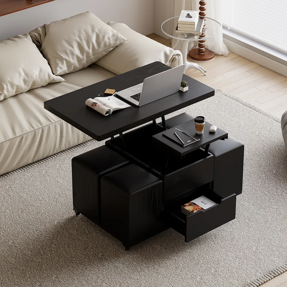 Modern Black Lift Top Coffee Table 10 cm 1 with Storage Ottoman Foldable and Casters Transforming Into Dining Table
