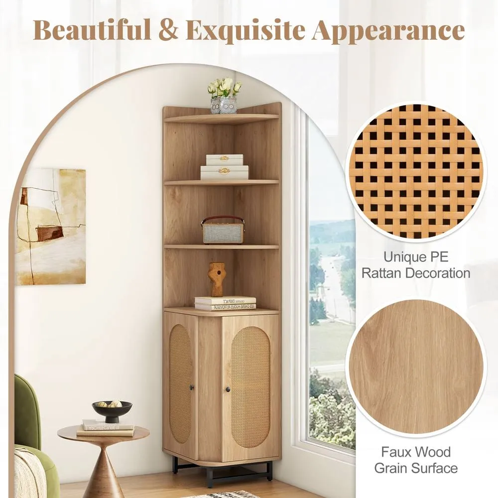 Costway PE Rattan Corner Cabinet 172 cm Tall Corner Bookcase with 2 Doors in Natural 5