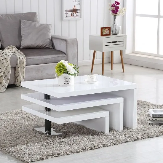 Design Coffee Table Rotating In White High Gloss With 3 Tops